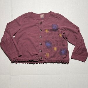 BLUE FISH Purple Button-Up Cardigan Hand Painted Floral Design Ruffle Hem SZ 0